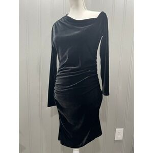 Black Velvet Asymmetrical Neckline Long Sleeve Ruched Bodycon Midi Dress